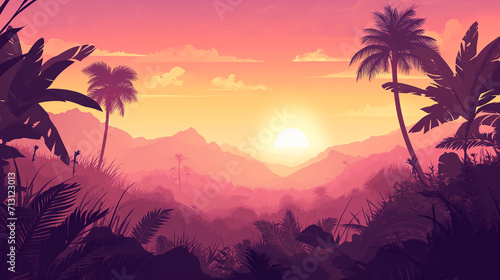 Paisagem de uma floresta tropical sobre o por do sol - Ilustração