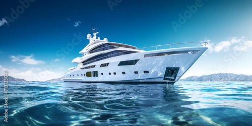 Luxury yacht on the bottom Luxury motor yacht in sea expensive rich floating in ocean with water and sky background Ai Generative