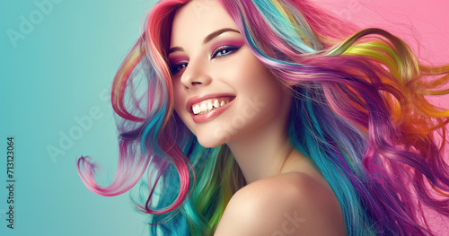 Mulher com cabelo colorido sorrindo 
