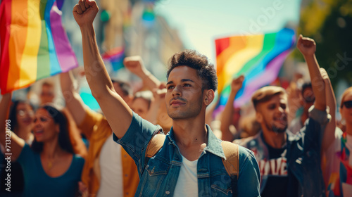 LGBT man marching in protest with a group of protestors with their fist raised in the air photo