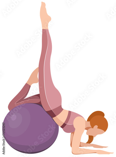 vector image of a beautiful slim girl in sportswear (leggings and sports bra) doing an exercise with a fitness ball isolated on a white background. woman doing fitness, sports, training, aerobics