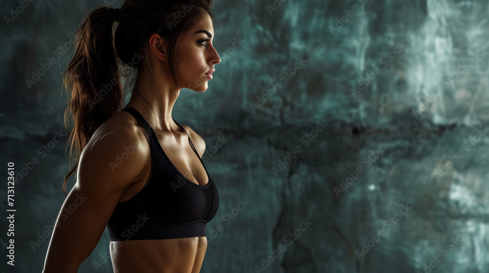Obraz premium Profile view of sexy fitness model showing her slim muscular body