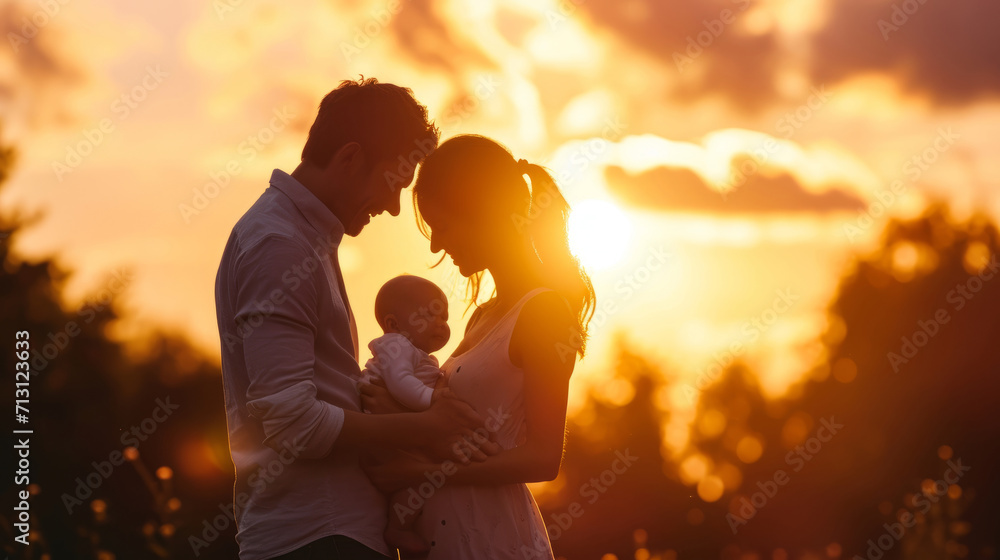 Silhouette of happy family holding baby at sunset