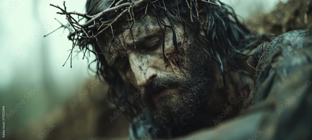 Closeup, christ and Jesus with pain for religion, faith and spiritual salvation with passion, believe and sacrifice. Crucifix, crown and wooden cross for Catholic, Christian and bible concept Closeup, christ and Jesus with pain for religion, faith and spiritual salvation with passion, believe and sacrifice. Crucifix, crown and wooden cross for Catholic, Christian and bible concept