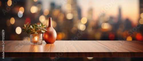 Wooden home table bokeh background  empty wood desk cafe tabletop surface product display mockup with blurry living room or city abstract backdrop advertising presentation. Mock up  copy space.