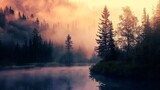 photorealistic monochrome or uniform visual theme image of a forest lake, in mornings fog, versatile background with text, for websites, featured images on blogs and in print