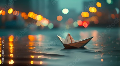Paper boat floating on the rain pond in the city photo