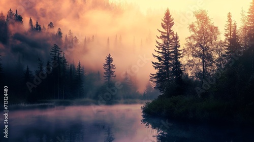 photorealistic monochrome or uniform visual theme image of a forest lake, in mornings fog, versatile background with text, for websites, featured images on blogs and in print