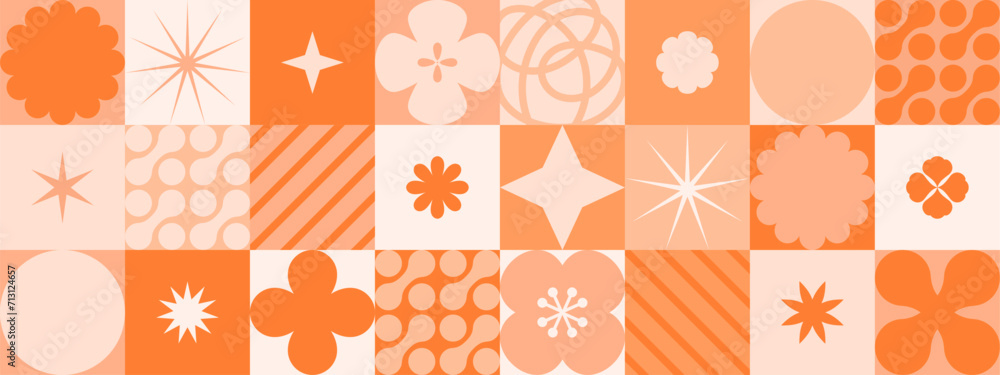 Fototapeta premium Simple geometric vector pattern with star shapes, flower shapes and abstract bauhaus forms in peach fuzz color of the year 2024. Abstract orange background