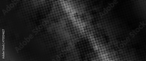 Halftone metal vector art background for cover design, poster, cover, banner, flyer and cards. Abstract gray and black background with dots. Futuristic grunge retro illustration. Metal grid.
