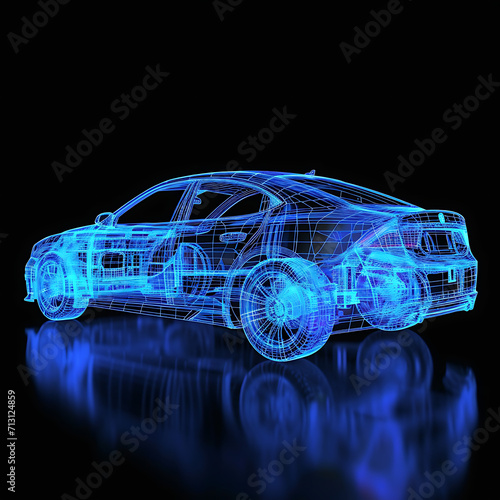 3d rendered xray blue transparent car wire frame. car isolated on black background, blue wire frame car. © Elbitaso