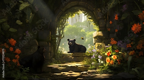 Sun Bear's Secret Garden: Imagine a sun bear tending to a magical garden photo
