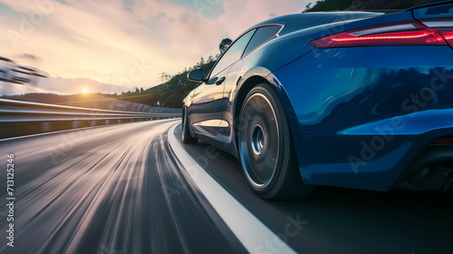 Rear view of blue Business car on high speed in turn. Blue car rushing along a high-speed highway © Lukas