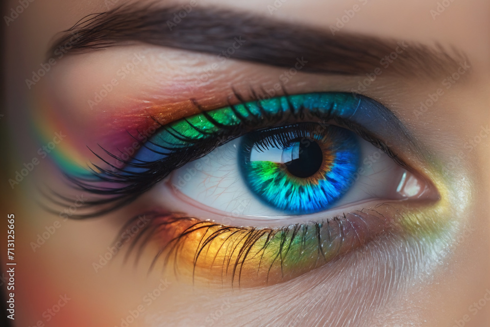 A close-up beautiful eye of a female person, iris with rainbow colors, cinematic light A close-up beautiful eye of a female person, iris with rainbow colors, cinematic light