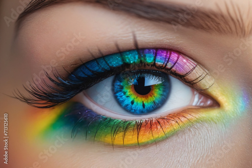 A close-up beautiful eye of a female person  iris with rainbow colors  cinematic light