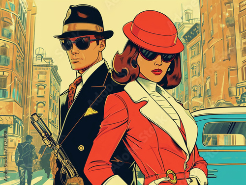 Two secret agents male and female characters. Secret spy forces or detectives personages, retro style