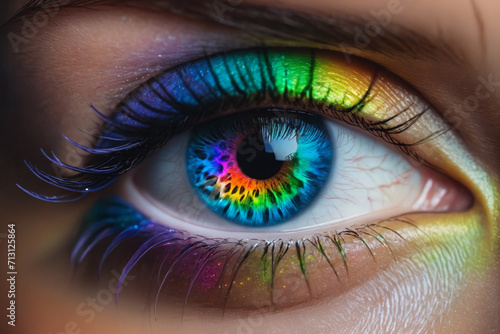 A close-up beautiful eye of a female person, iris with rainbow colors, cinematic light