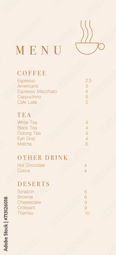 Cafe design menu. Coffee drinks menu price list for cafe, coffee shop vector template. Coffee linear print. Pattern with coffee theme in geometric minimalistic style. 