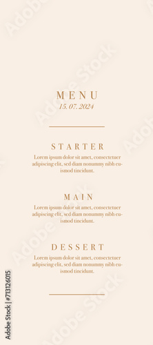 Wedding menu card. Luxury dinner menu. For a wedding or other holiday
