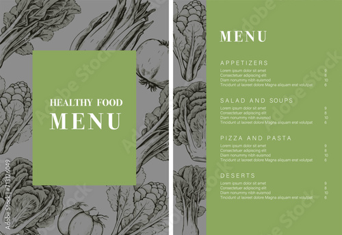 Healthy Food restaurant menu. Vegetarian menu design with vegan meals. Flyer template. Fast Food, Healthy Food, Flyer Design, Simple, Minimalist.