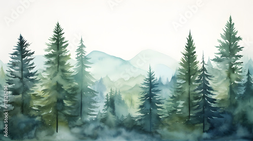 Watercolor landscape with fir trees
