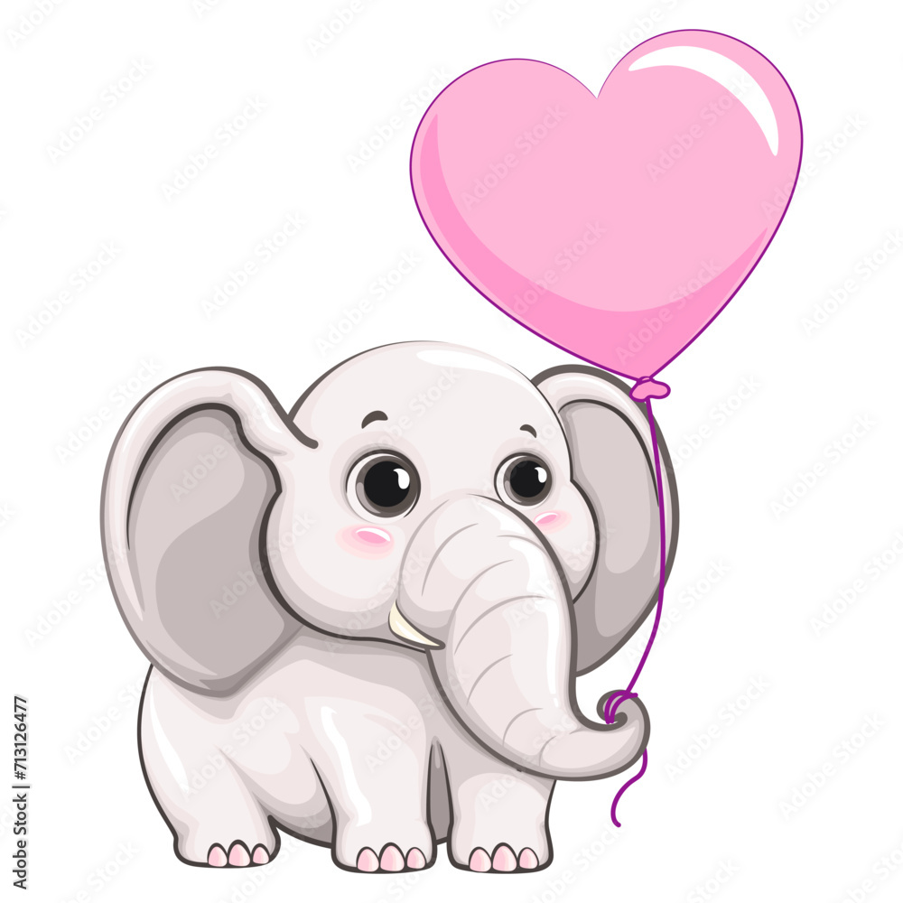 Obraz premium vector illustration of cartoon cute little elephant character holding pink heart-shaped balloons for Valentine's event
