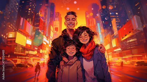 Animated Family Portrait in Vibrant Cityscape 