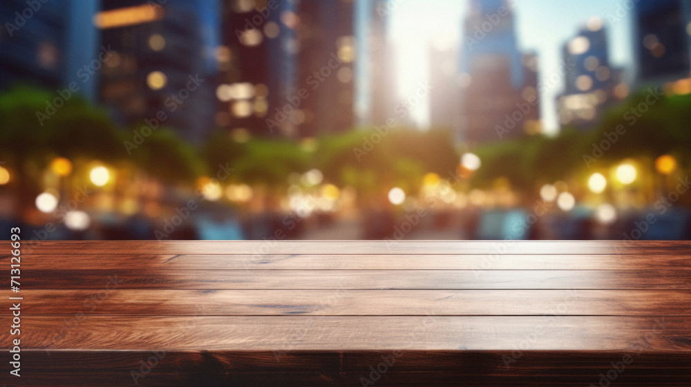 Wooden table bokeh city view background, empty wood desk tabletop counter surface product display mockup with blurry cityscape lights abstract backdrop presentation. Mock up, copy space. Wooden table bokeh city view background, empty wood desk tabletop counter surface product display mockup with blurry cityscape lights abstract backdrop presentation. Mock up, copy space.