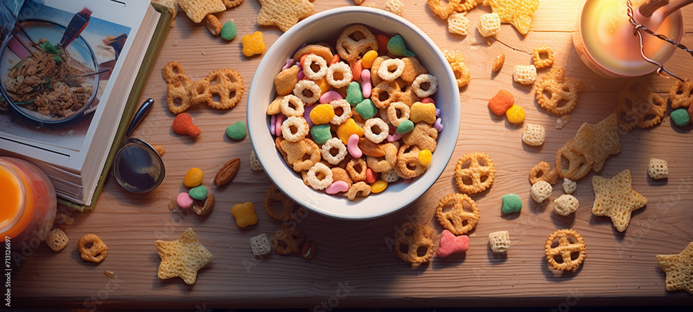Children's cereal is poured into a plate next to a children's book, generative AI