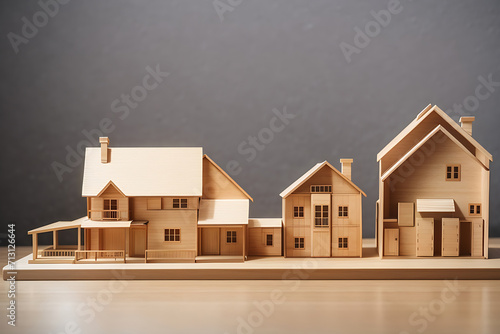 wooden house maquette model with two family sizes and different home affordability and wealth level concepts as the wide banner with copy space area for text design. photo