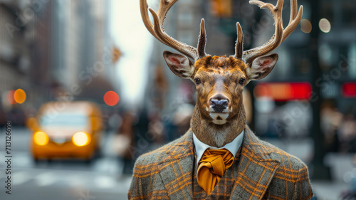 Graceful deer roams city streets in refined attire, embodying street style with elegance. The realistic urban backdrop frames this majestic creature, seamlessly merging natural beauty with contemporar photo