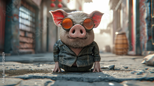 Sophisticated pig graces the urban landscape in tailored fashion, epitomizing street style. The realistic city backdrop sets the stage for this stylish swine, blending whimsy with contemporary eleganc photo