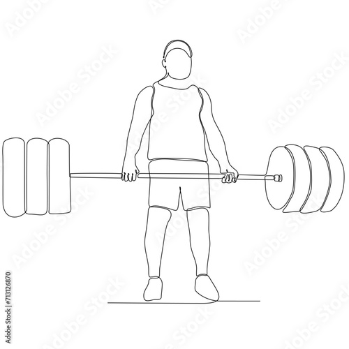 Single continuous line drawing of strong young weightlifting man getting ready for barbell training in gym. Weightlifting workout concept. Trendy one line draw graphic design vector illustration