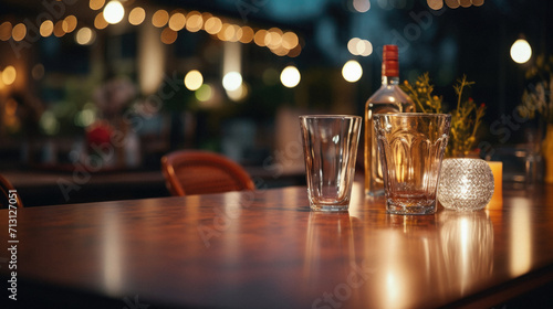 Wooden cafe table bokeh background, empty wood desk restaurant tabletop counter in bar or coffee shop surface product display mockup with blurry city lights backdrop presentation. Mock up, copy space. © Synthetica