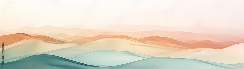Abstract layered waves in a gradient of beige to coral tones, resembling serene desert dunes, ideal for backgrounds, digital art, or soothing decor. Nude gradient backdrop. Banner.