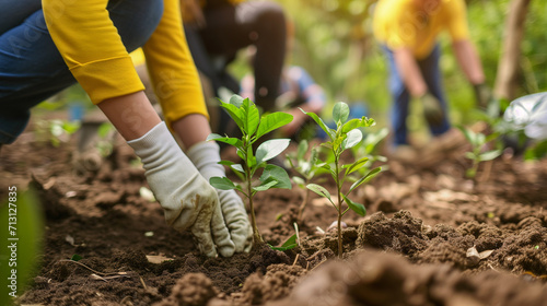 Afforestation Efforts in Action: Volunteers Planting Young Trees in Forest Soil, Conservation and Reforestation in Sunlit Woods