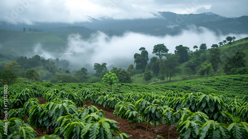Young Coffee Plantation Thriving in Lush Green Highlands.