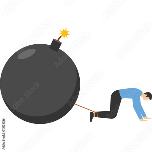 Man with deadline chained to a big time bomb, Vector illustration in flat style

