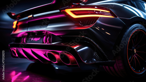 Neon-lit exhaust system modification in a high-performance car against a black backdrop