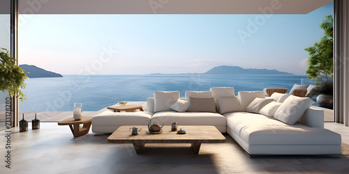 Waterfront Living Serenity by the Sea Minimalist Living Room with a View of Cruise Ship A living room with a view of the ocean and a couch with pillows and a wooden table on the middle Ai Generative