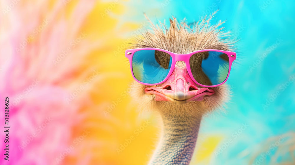cute ostrich wearing sunglasses in studio with a colorful and bright background. AI Generative - obrazy, fototapety, plakaty 