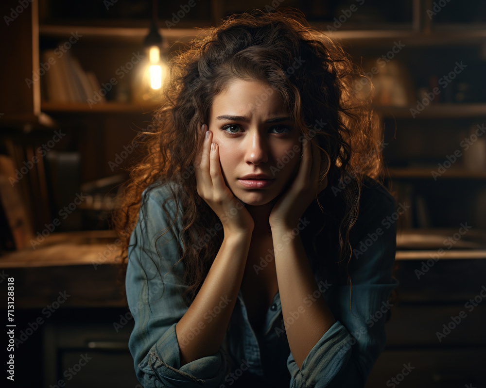 Sad woman with depression sits in a dark apartment. Mental health Sad woman with depression sits in a dark apartment. Mental health