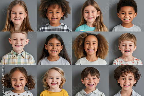 Collage of portraits and faces of smiling multiracial various diverse children for profile picture