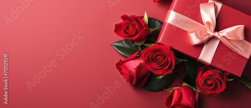 red gift box with red rose flower on pink background top view 