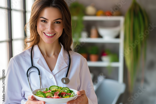 Woman dortor or nutritionist with healthy fruits and vegetables. Proper nutrition and dining concept photo