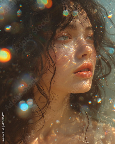 photo shot of a beautiful young woman in romantic dramatic retro analog style, vintage grainy photoshoot with brunette girl with water, holographic bubbles and sparkles with summer vibes