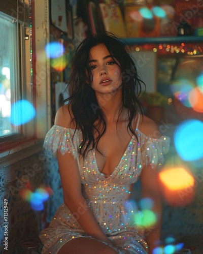 photo shot of a beautiful young woman in romantic dramatic retro analog style, vintage grainy photoshoot with brunette girl with water, holographic bubbles and sparkles with summer vibes