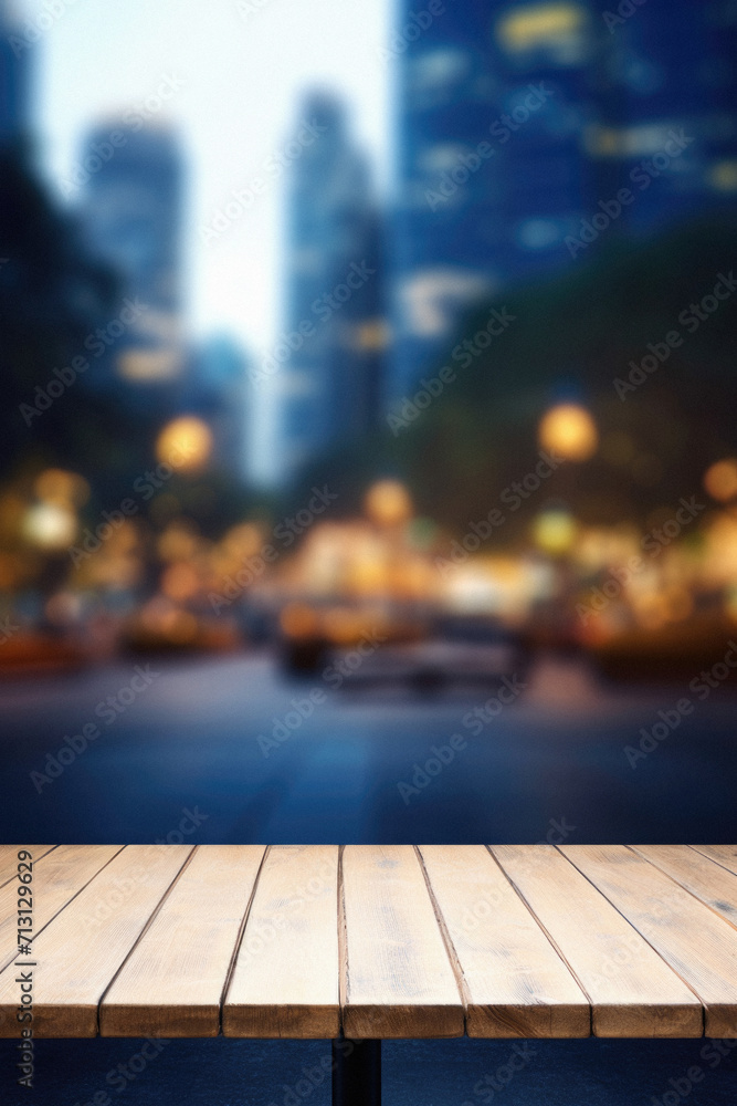 Wooden table bokeh city view background, empty wood desk tabletop counter surface product display mockup with blurry cityscape lights abstract backdrop presentation. Mock up, copy space. Wooden table bokeh city view background, empty wood desk tabletop counter surface product display mockup with blurry cityscape lights abstract backdrop presentation. Mock up, copy space.