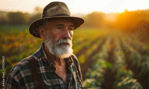 Portrait of a senior farmer standing in his farm field in the evening sun