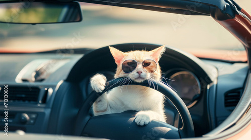 Cute Kitty with Sports Car  Funny Animal in Car. AI Generative